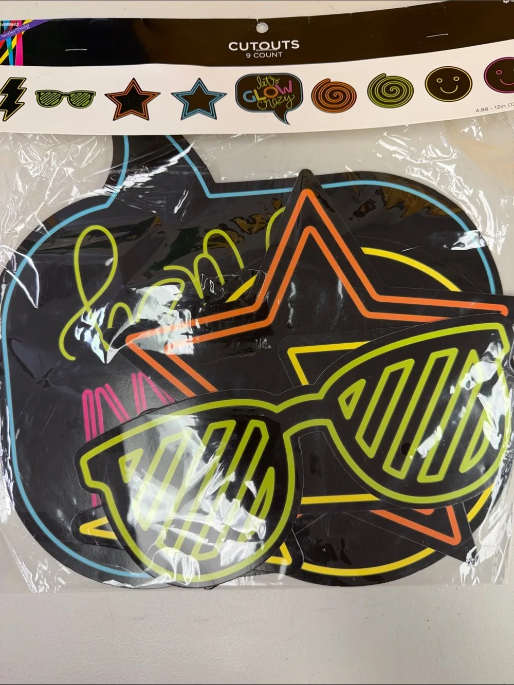 Neon Party room decor stars swirls smiley face cutouts for Let’s GLOW Black/Neon
